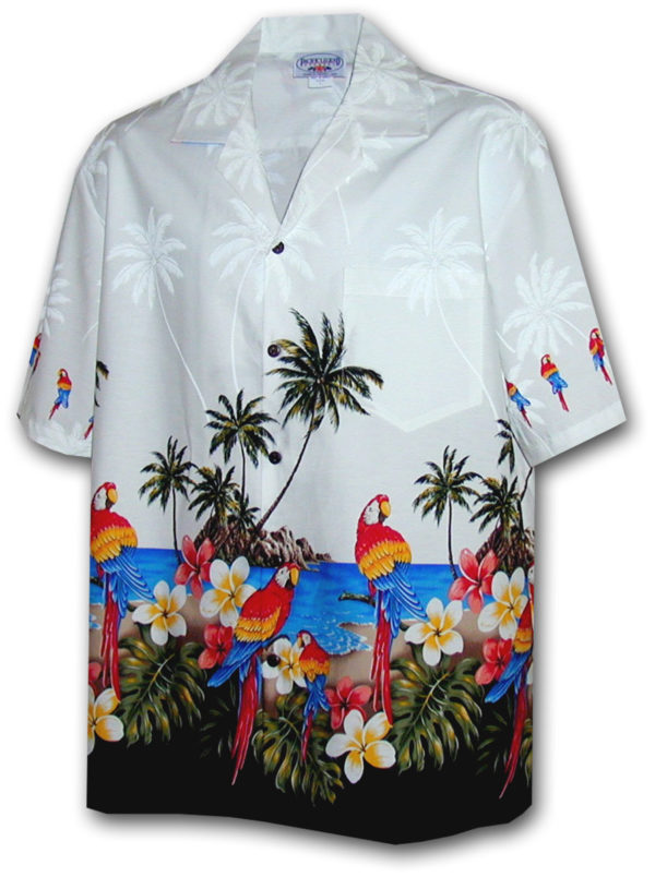 Pacific Legend Bílá havajská košile s motivem palem a papoušků Velikost: XXL