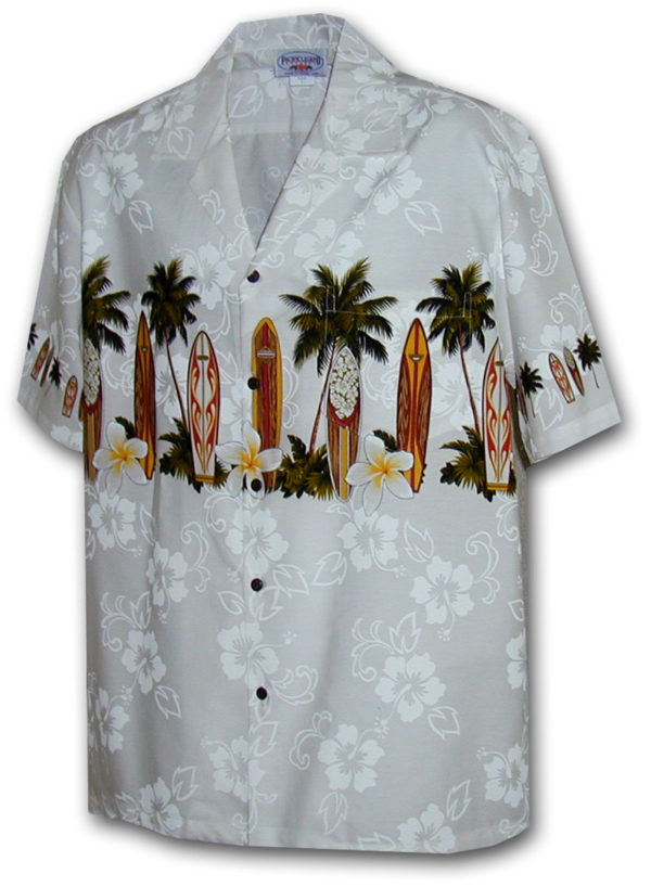 Pacific Legend Bílá havajská košile s motivem palem a surfování Velikost: XXL