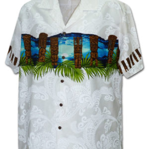 Pacific Legend Bílá havajská košile s motivem soch a moře Velikost: XXL